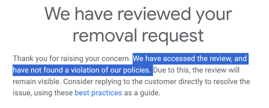 Response from Google on removal of negative review